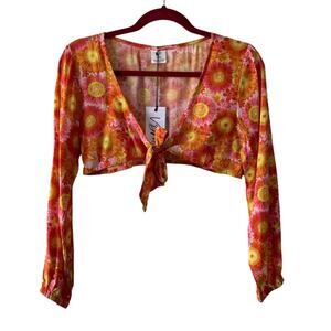 VDM Revolve Orange Multicolor Retro Floral Print Swim Coverup Tie Front Crop Top